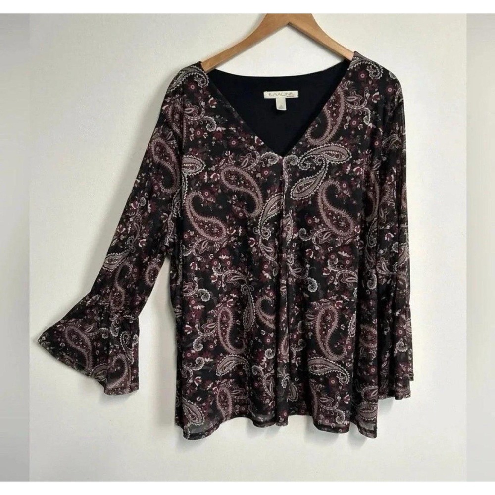 Emaline Women's‎ 2X Paisley Print Popover Blouse Lined Bell 3/4 Sleeve Stretch
